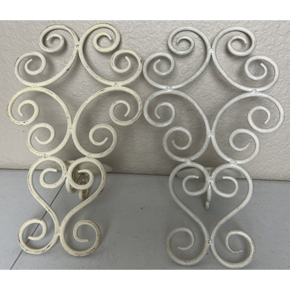 Wrought Iron Sconce Wall Hanging Pillar Candle Holder Set 2 White Scroll Nouveau - Picture 7 of 8
